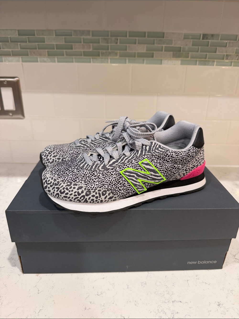 New Balance Grey Leopard-Print Sneakers with Neon Green and Pink Accents